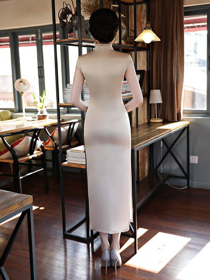 Apricot Flower Print Stand-collar Long Cheongsam
