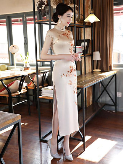 Apricot Flower Print Stand-collar Long Cheongsam