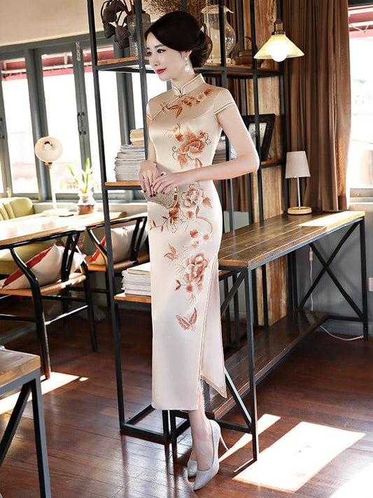 Apricot Flower Print Stand-collar Long Cheongsam