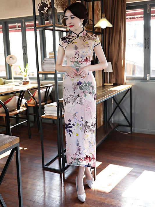 Plants&Flowers Print Stand-collar Long Cheongsam