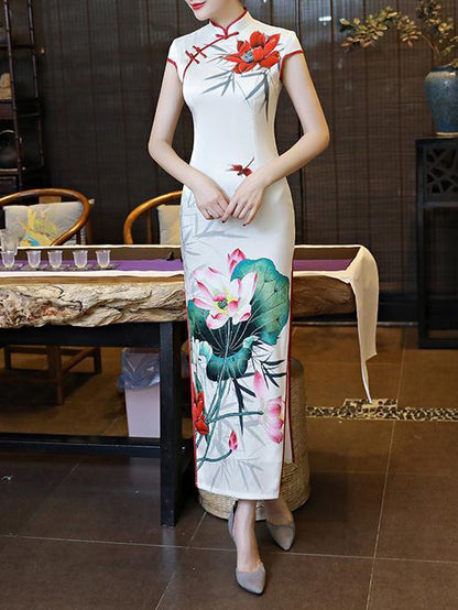 White Lotus Side Split Long Cheongsam