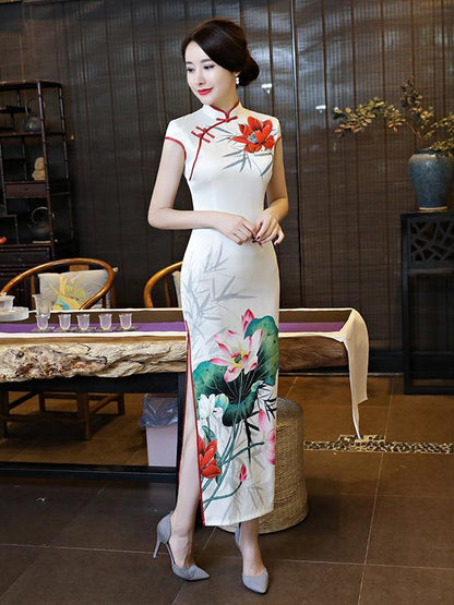 White Lotus Side Split Long Cheongsam