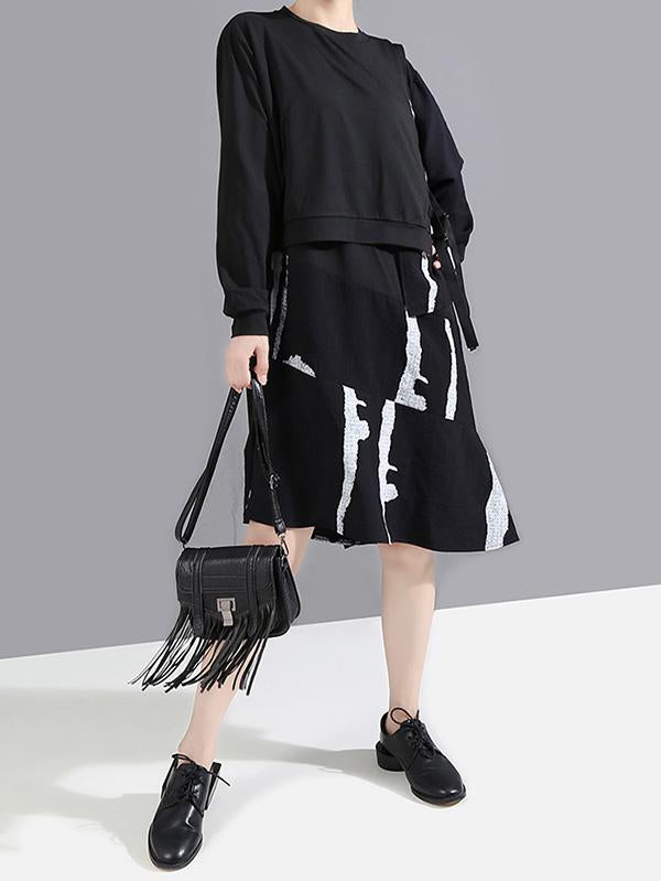 Round-Neck False Two Dress Asymmetric Long Sleeve Printed Dress With Bandage