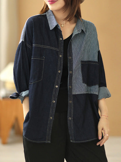 Casual Asymmetric Split-Joint Buttoned Lapel Long Sleeves Blouse Tops