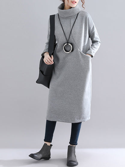 Simple Solid Color With Pocket High-Neck Long Sleeves Sweatshirt Dress