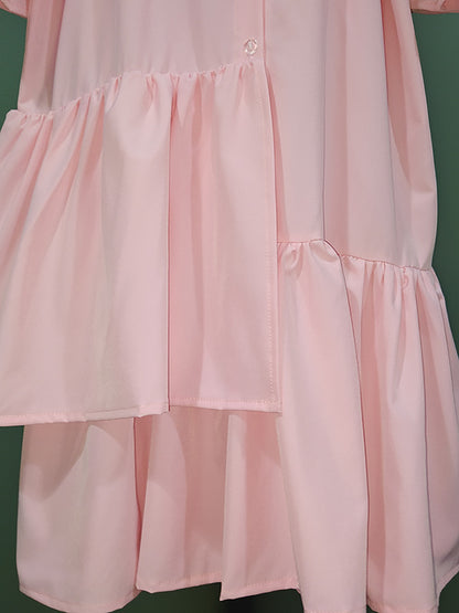 Urban Asymmetric Solid Color Ruffled Buttoned Stand Collar Flared Sleeve Mini Dress