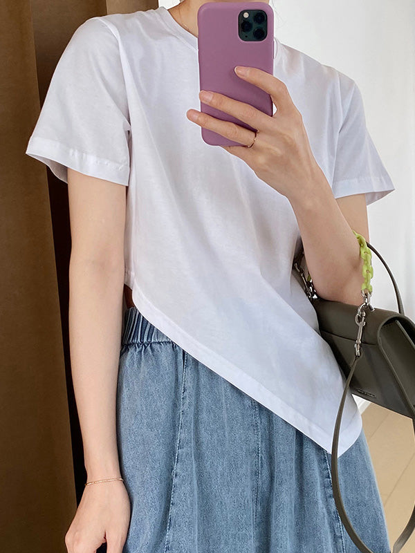 Casual Solid Color Asymmetric Round-Neck Short Sleeves T-Shirt