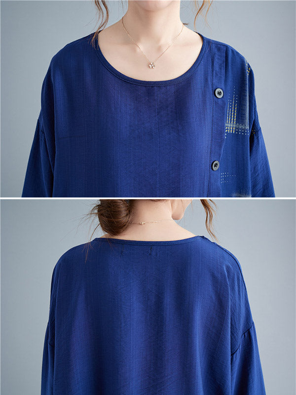 Casual Asymmetric Buttoned Round-Neck Long Sleeves T-Shirt Tops