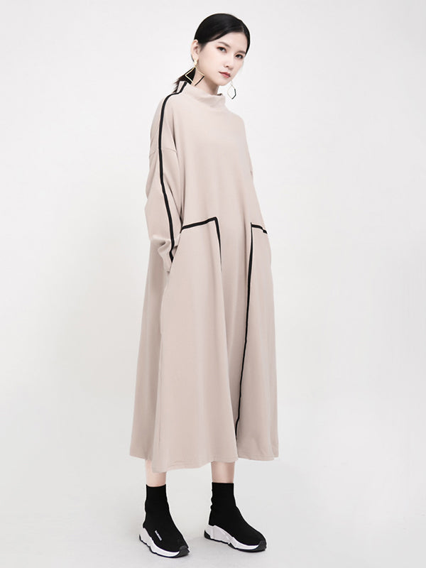 Casual Contrast Color Split-Joint Stand Collar Long Sleeves Midi Dress