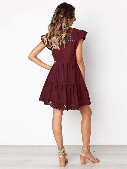 Solid Color Round Neck Hollow Mini Dress