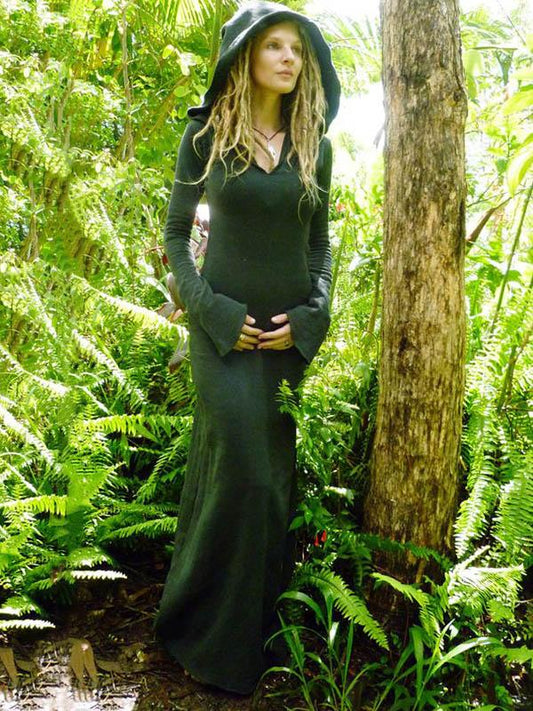 Forest Hooded Flared Sleeves Maxi Dress