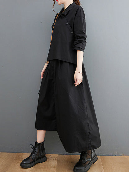 Artistic Retro Irregular Split-Joint Plaid Pleated Buttoned Elasticity Waist Lapel Collar Long Sleeves Midi Shirt Dress