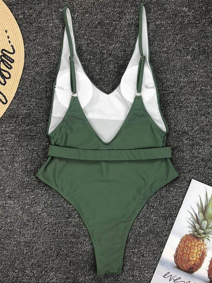 Plain Insert The Belt Buckle One-piece Swimsuit