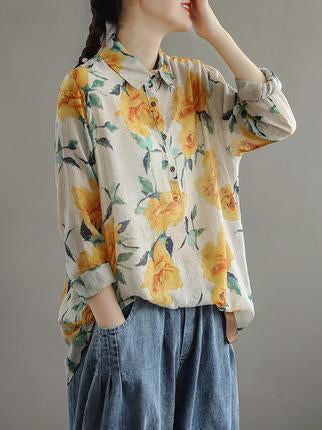 Artistic Retro Floral Lapel Shirt Blouse Tops