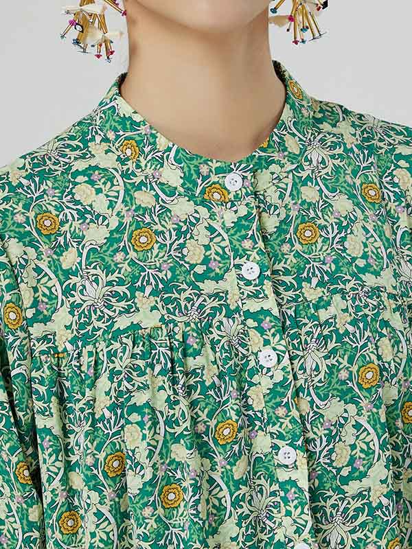 Original Buttoned Floral Printed Stand Collar Long Sleeves Loose Midi Dress