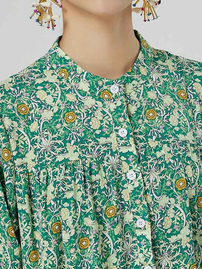 Original Buttoned Floral Printed Stand Collar Long Sleeves Loose Midi Dress
