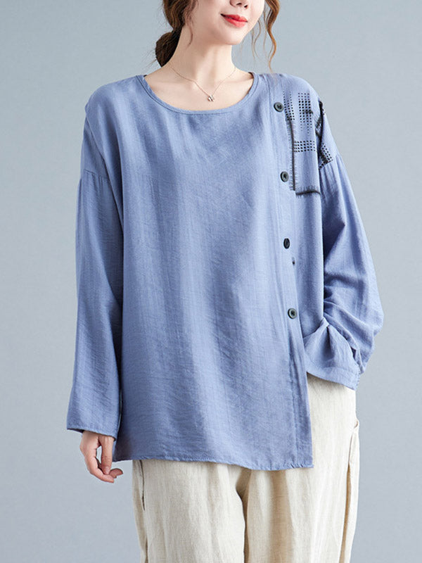 Casual Asymmetric Buttoned Round-Neck Long Sleeves T-Shirt Tops