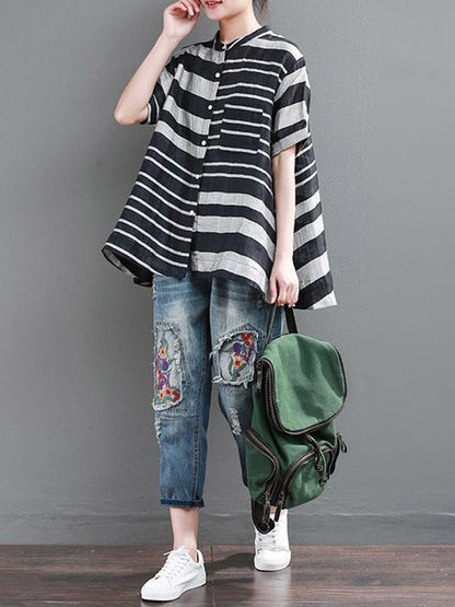 Vintage Loose Striped Stand Collar Shirt