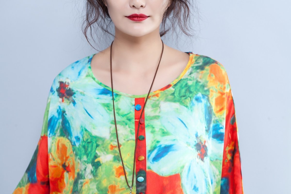 Colorful Printed Round Neck Long Sleeve Spring Dress