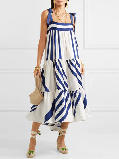 Striped Block Color Loose High Waist Midi Dress
