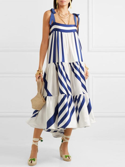 Striped Block Color Loose High Waist Midi Dress