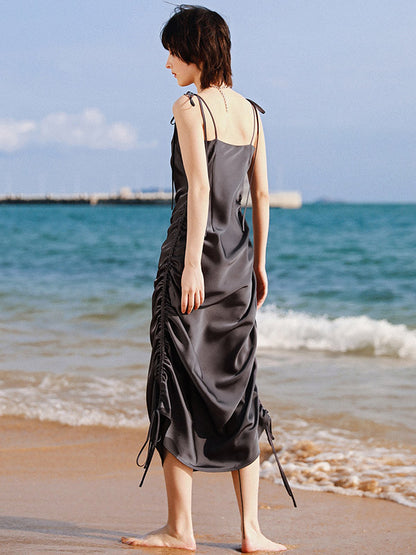 Fashion Ruffled Drawstring Bandage Spaghetti-Neck Midi Dress