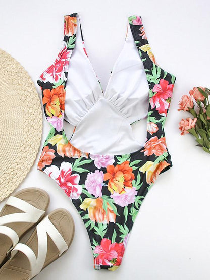 Printed Crop Backless One Piece Swimsuit