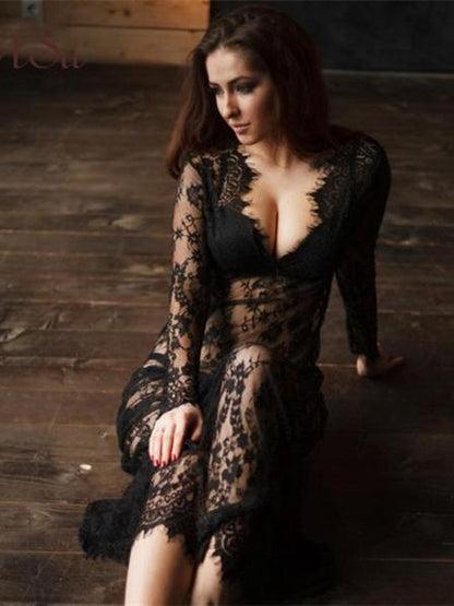Sexy Lace Deep V-neck Floor Maxi Dress