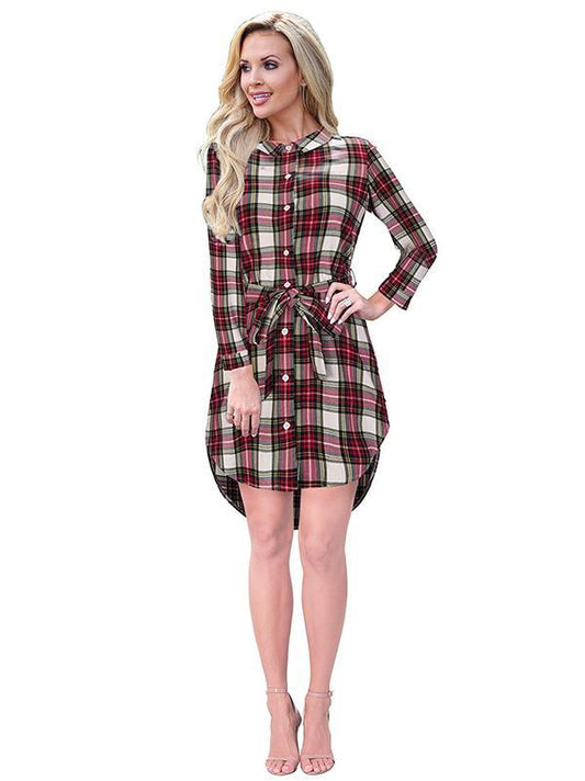 Polo Collar Checkered Belt Buckle Midi Shirt