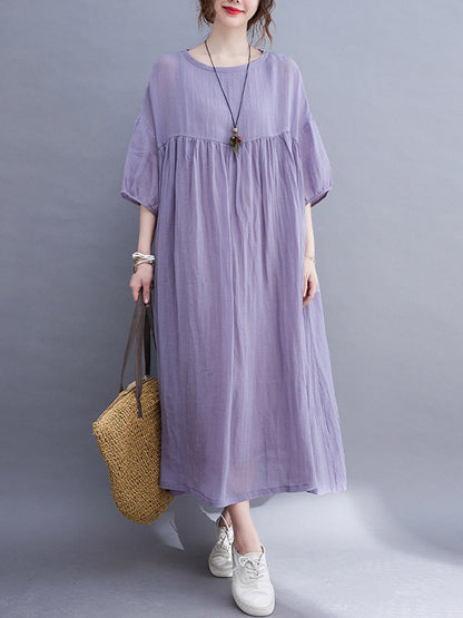 Simple Solid Color Puff Sleeve Midi Dress