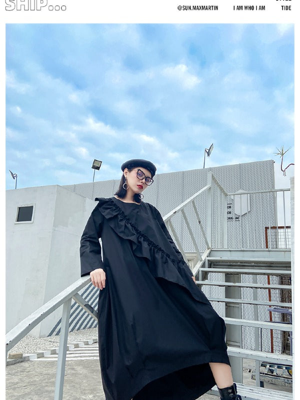 LOOSE BLACK FALBALA HIGH-LOW DRESS