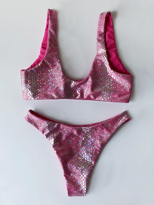 Snake-Print U-Neck Split Bikini Swimsuit