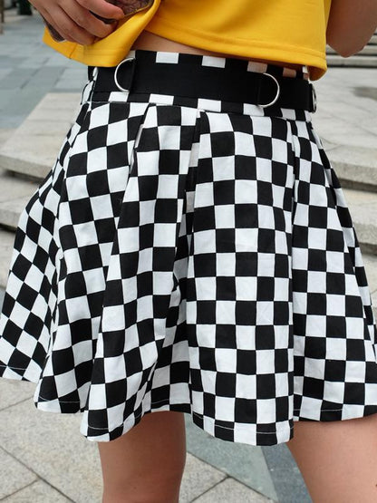 Printed Black&white Plaid Pleated Skirt