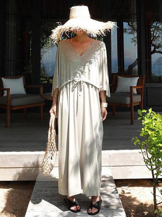 Loose Gray V-neck Elastic Waist Long Dress