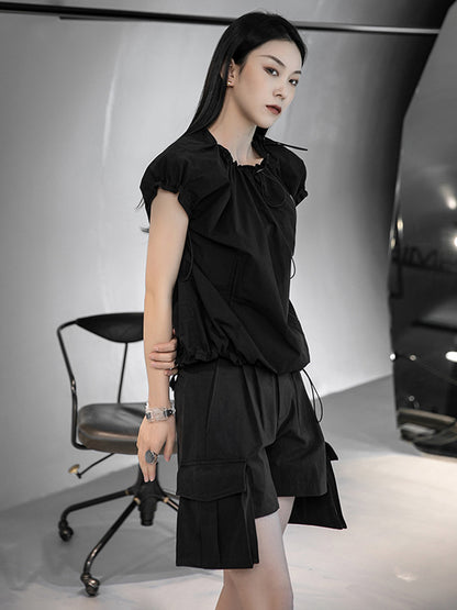 Stylish Black&White Drawstring Pleated Zipper Cap Sleeve Shirts