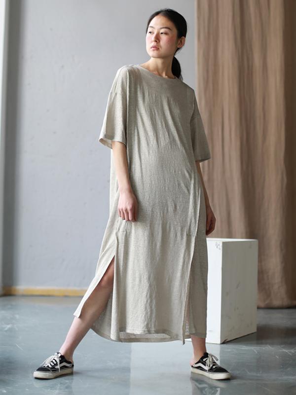 Simple Beige Split-joint Split-side Long Dress