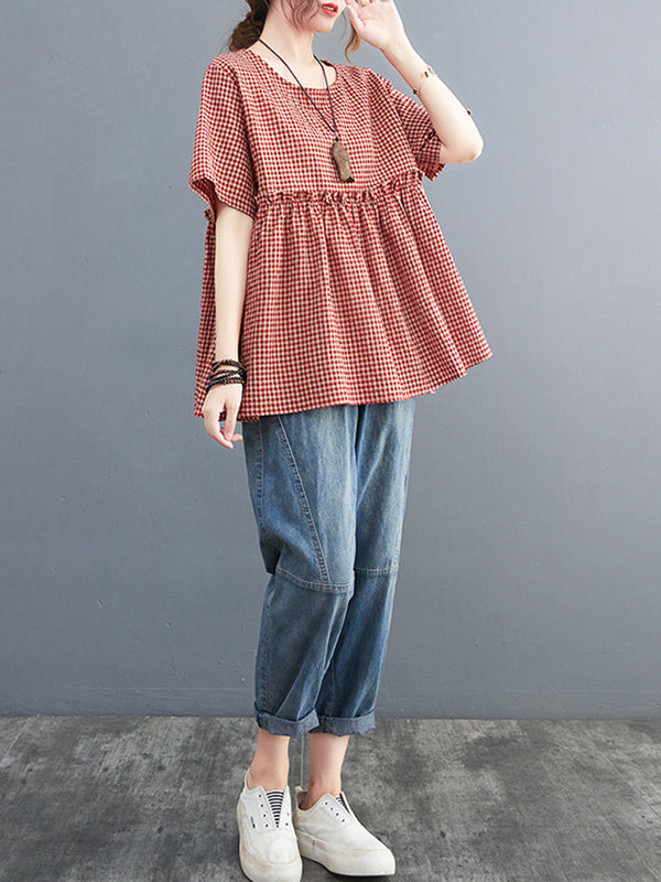 Artistic Retro Loose Plaid Ramie Cotton Falbala T-Shirt Top