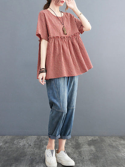 Artistic Retro Loose Plaid Ramie Cotton Falbala T-Shirt Top