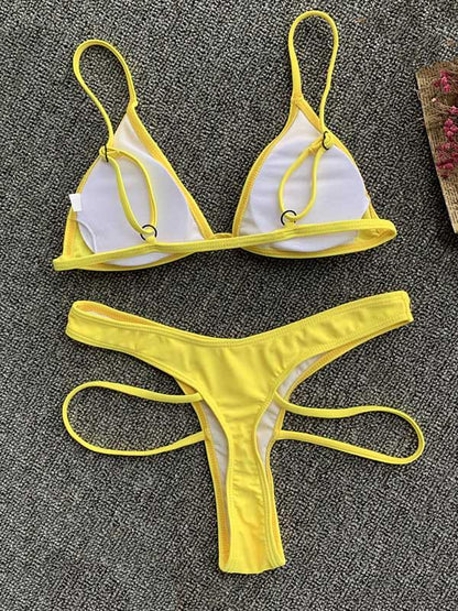 Solid Color Spaghetti-Neck Split Bikini Swimsuit