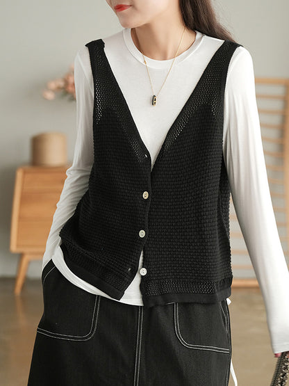 Simple Solid Color Buttoned V-Neck Hollow Vest Tops