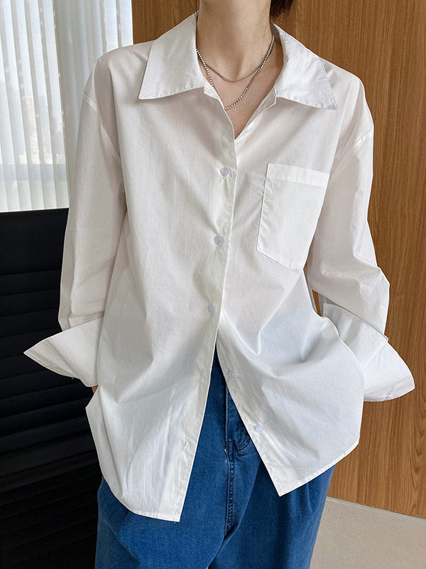 Simple Solid Color Split-Joint With Pocket Buttoned Lapel Collar Long Sleeves Blouse