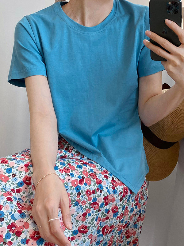 Casual Solid Color Asymmetric Round-Neck Short Sleeves T-Shirt