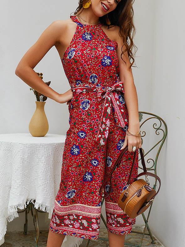 Vacation Printed Bandage Jumpsuits