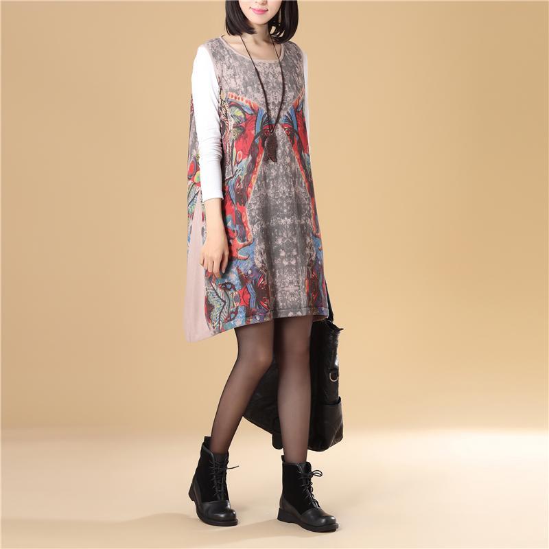 Autumn Women Round Neck Sleeveless Colorful Printing Sweater Dress