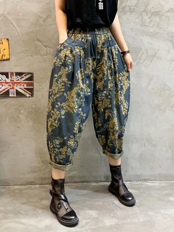 Vintage High-Waisted Floral Printed Harem Jean Pants Bottoms