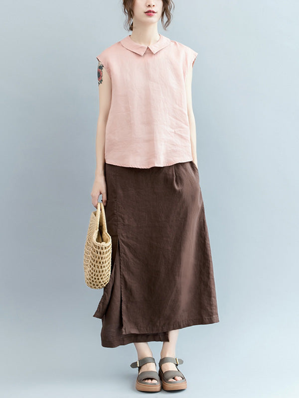 Simple Solid Color Lapel Cap Sleeve Vest Top
