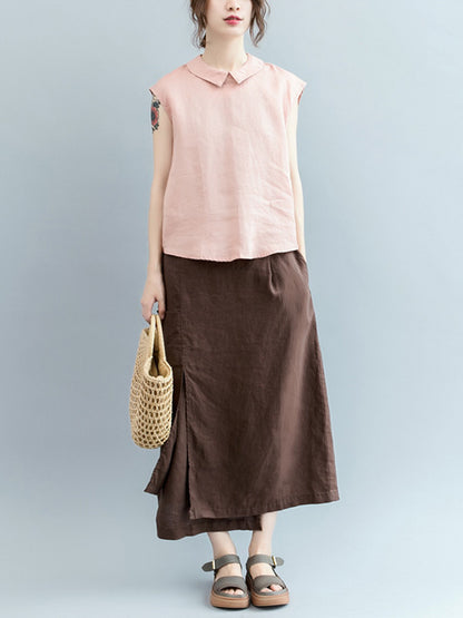 Simple Solid Color Lapel Cap Sleeve Vest Top