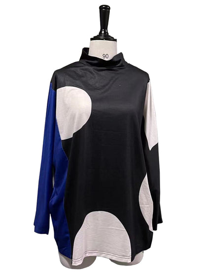 Original Casual Loose Split-Joint Color Matching Polka-Dot High-Neck Long Sleeves T-Shirt Tops