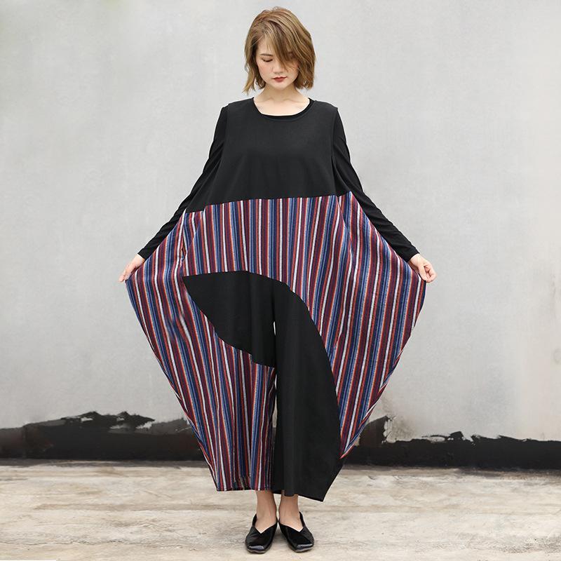 Baggy Women Jumpsuit Patchwork Autumn Stripe Bottom