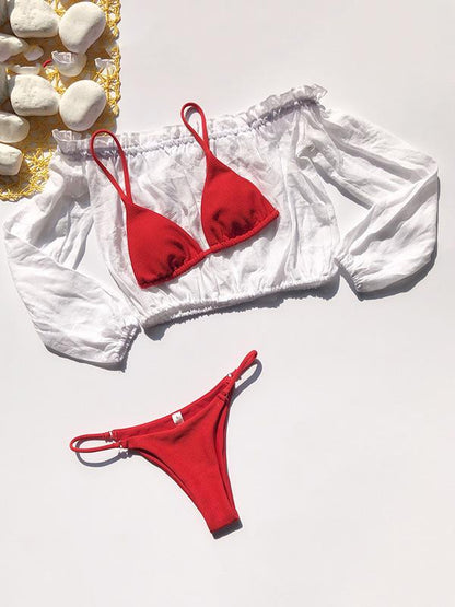 Solid Color Long Sleeves Three Piece Bikini Swimsuit